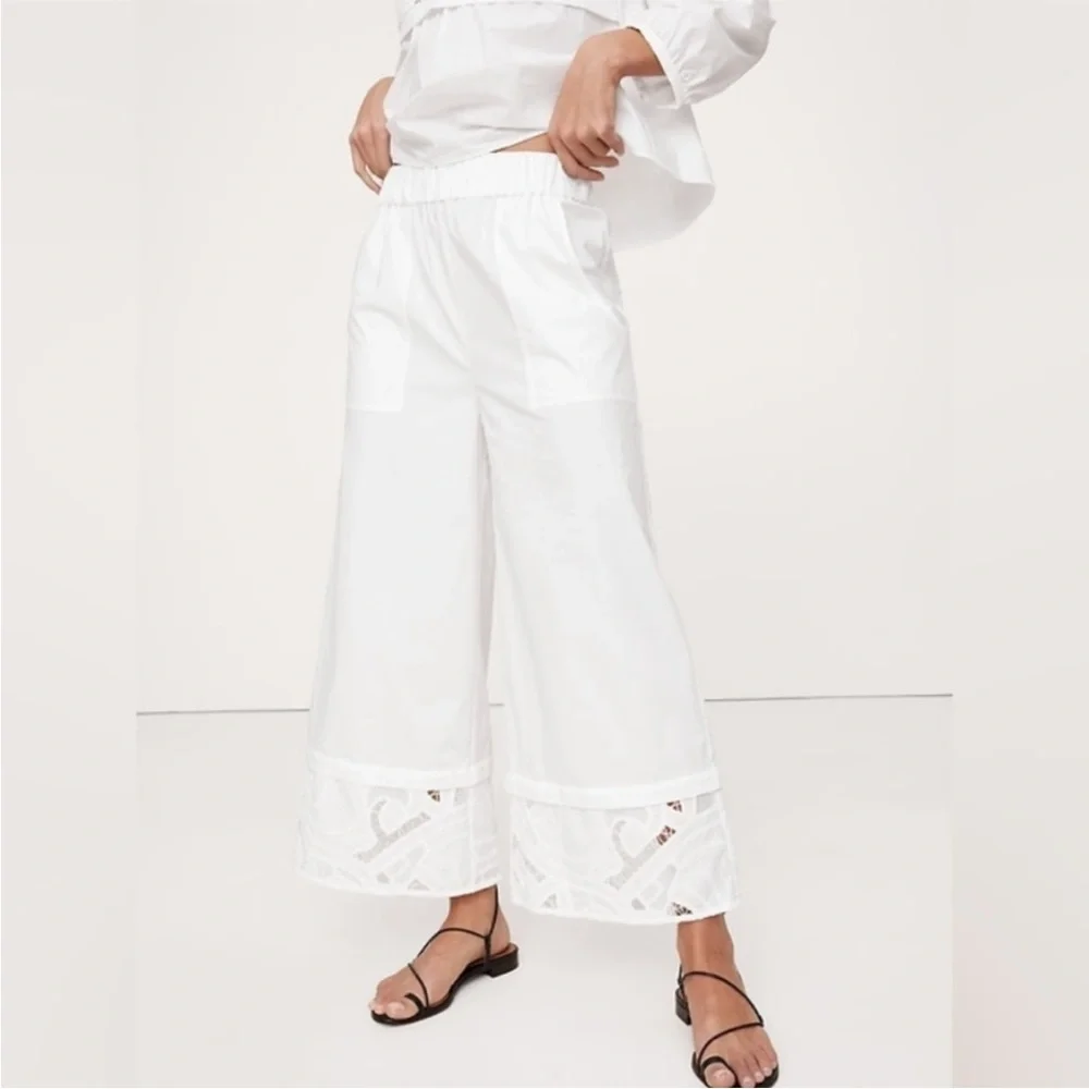 NWT! BR High-Rise Wide-Leg Embroidered Cotton Poplin Cropped Pull-On Pant